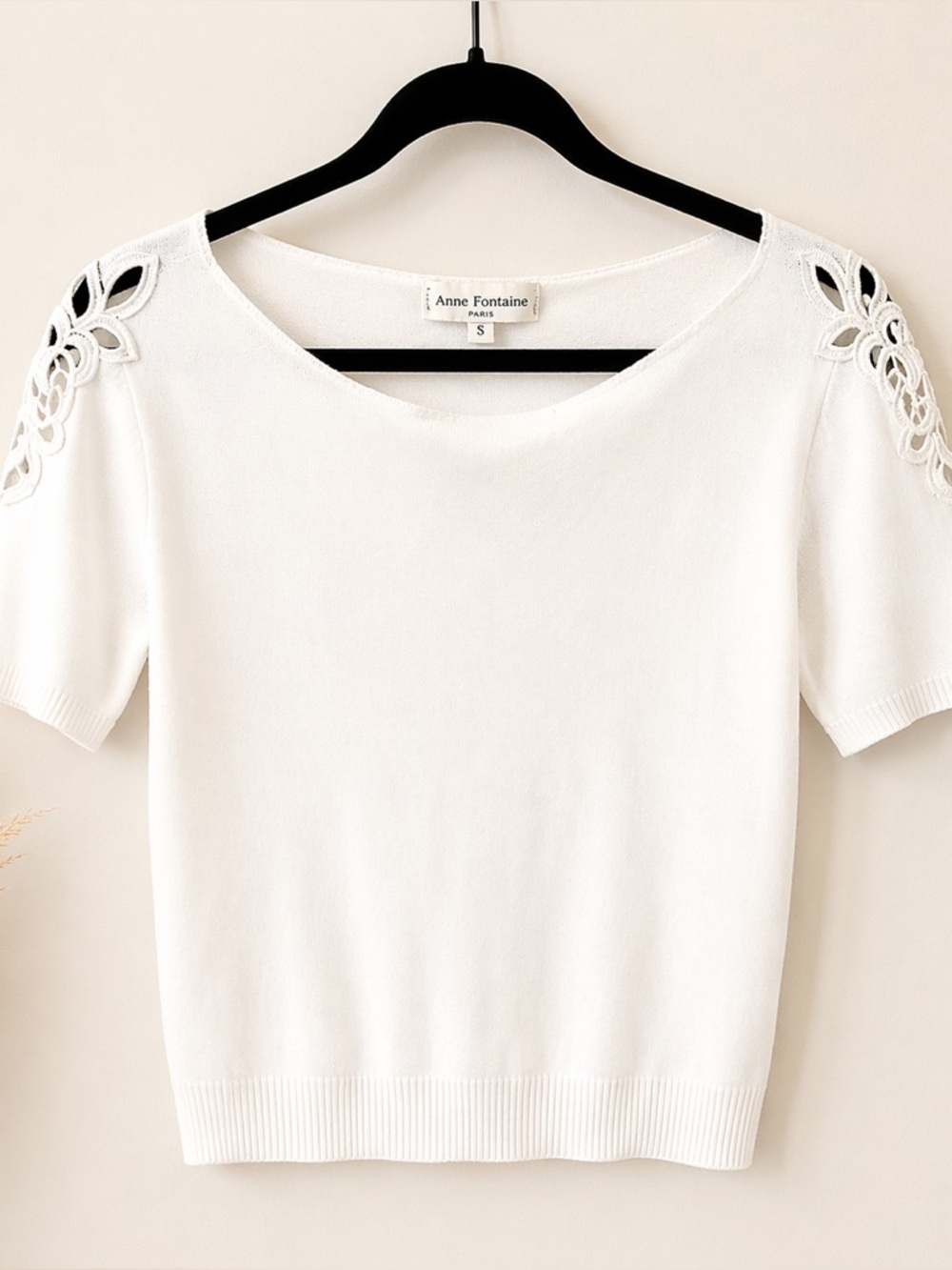 Anne Fontaine Paris White Knit Top S Lace Shoulder Short Sleeve Made in France